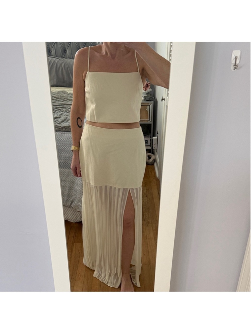 Women's Cream High-Slit Pleated Maxi Skirt and Matching Cropped Shirt
